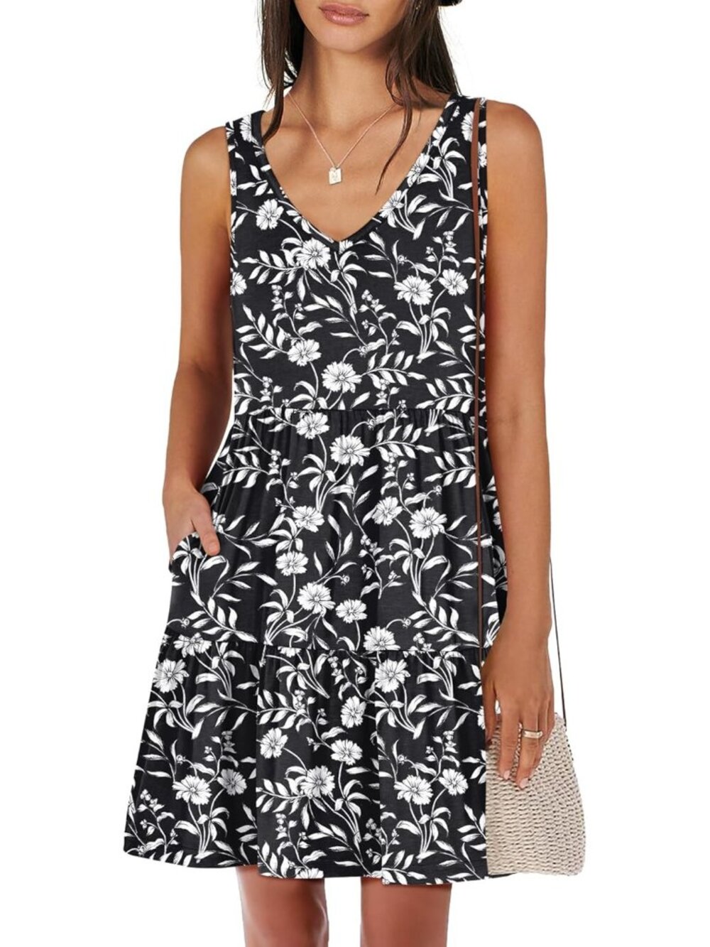 Women Black Floral Summer Casual Tank Dress Sleeveless V Neck T Shirt Sundress